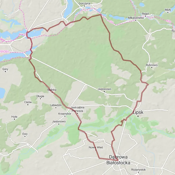 Map miniature of "Scenic Gravel Trail through Countryside and Sanctuaries" cycling inspiration in Podlaskie, Poland. Generated by Tarmacs.app cycling route planner