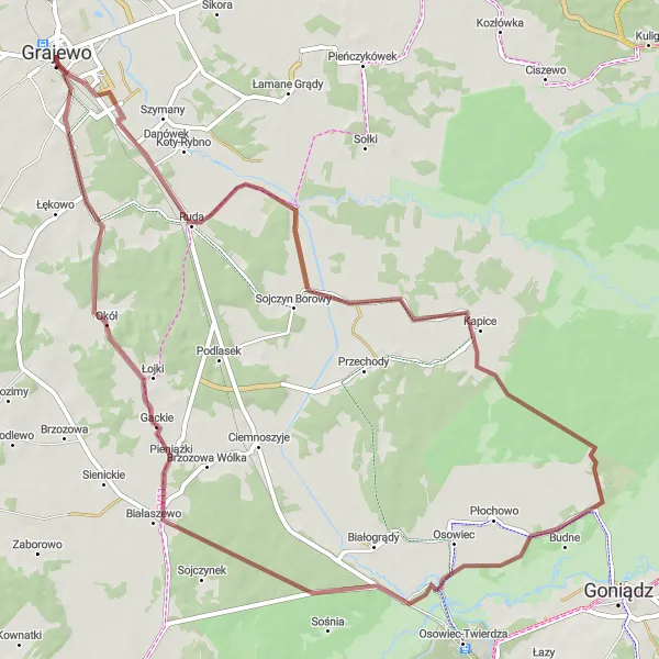 Map miniature of "Grajewo - Koszarówka - Wólka Piaseczna - Grajewo" cycling inspiration in Podlaskie, Poland. Generated by Tarmacs.app cycling route planner