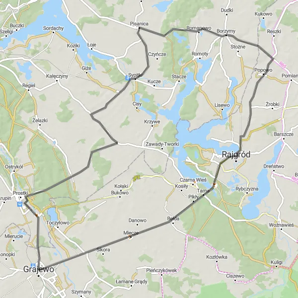 Map miniature of "Sightseeing in Sypitki and Rajgród" cycling inspiration in Podlaskie, Poland. Generated by Tarmacs.app cycling route planner