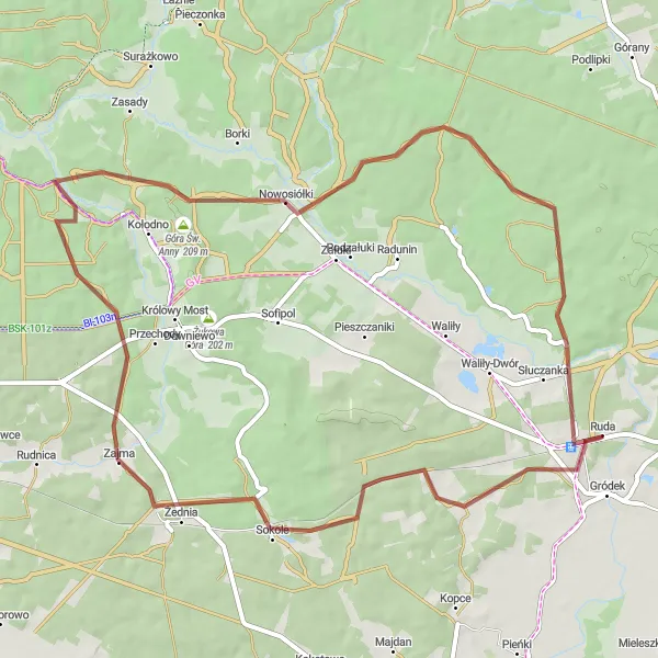 Map miniature of "Dzierniakowo Gravel Adventure" cycling inspiration in Podlaskie, Poland. Generated by Tarmacs.app cycling route planner