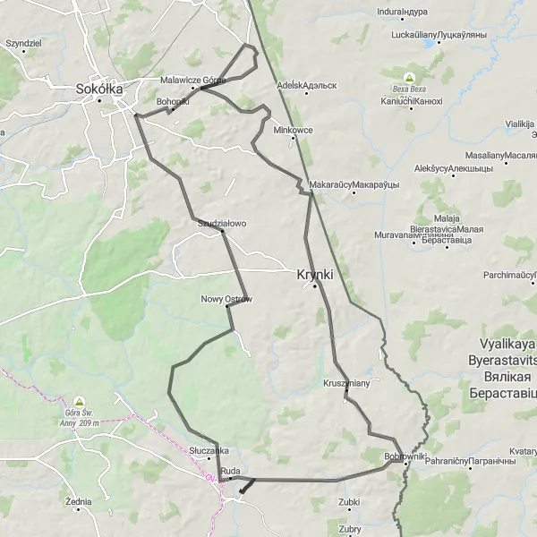 Map miniature of "Road Cycling Expedition to Krynki" cycling inspiration in Podlaskie, Poland. Generated by Tarmacs.app cycling route planner