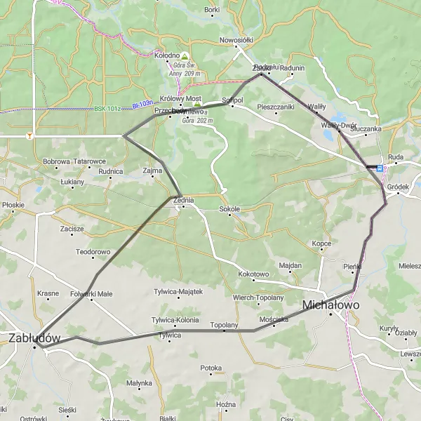 Map miniature of "Grudki Michałowo Zabłudów Żednia Żukowa Góra Waliły Round-trip" cycling inspiration in Podlaskie, Poland. Generated by Tarmacs.app cycling route planner
