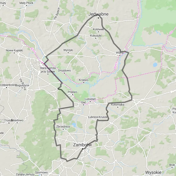 Miniatura mapy "Trasa przez Wiznę, Zambrów i Wygodę" - trasy rowerowej w Podlaskie, Poland. Wygenerowane przez planer tras rowerowych Tarmacs.app