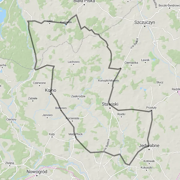 Miniatura mapy "Trasa wyprawy rowerowej po okolicach Jedwabnego" - trasy rowerowej w Podlaskie, Poland. Wygenerowane przez planer tras rowerowych Tarmacs.app