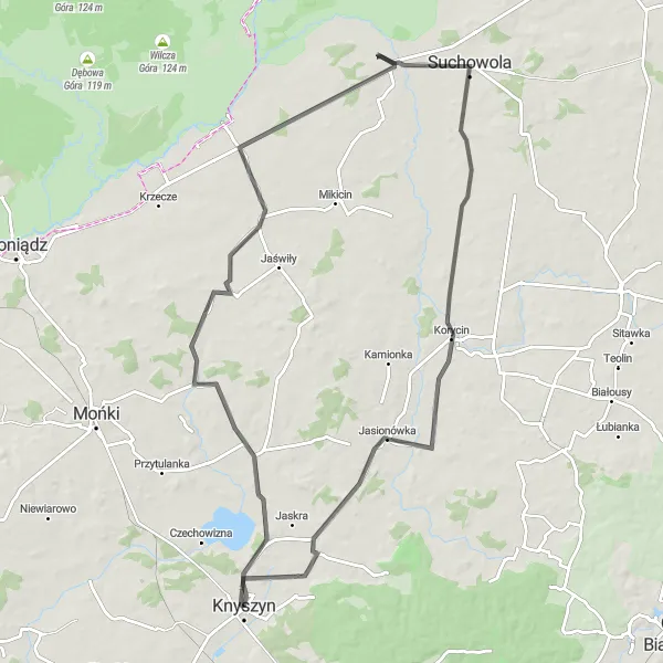 Map miniature of "Jadeszki Trail" cycling inspiration in Podlaskie, Poland. Generated by Tarmacs.app cycling route planner