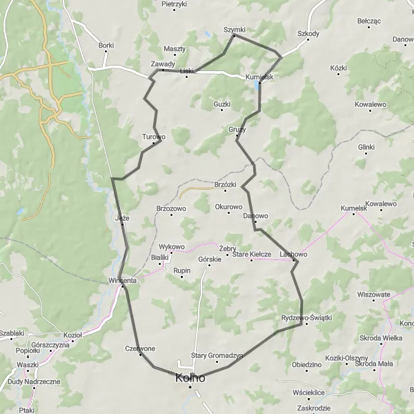 Map miniature of "Kolno to Tyszki-Łabno loop" cycling inspiration in Podlaskie, Poland. Generated by Tarmacs.app cycling route planner