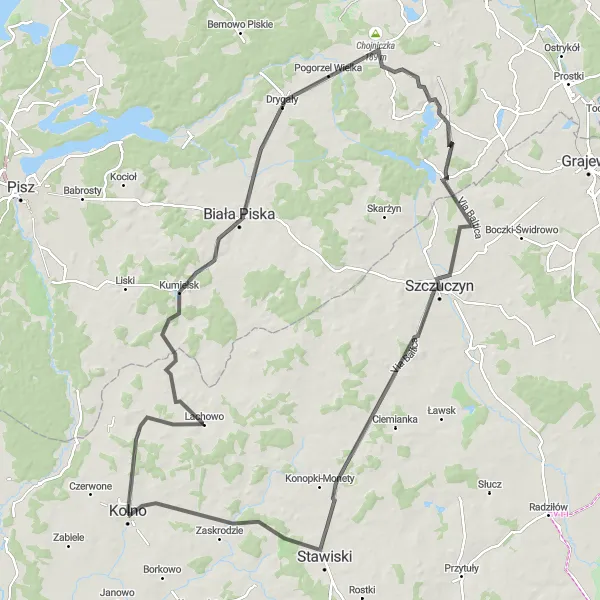 Map miniature of "Kolno to Wścieklice loop" cycling inspiration in Podlaskie, Poland. Generated by Tarmacs.app cycling route planner