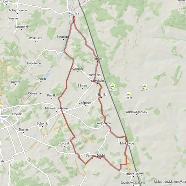 Map miniature of "Pisarzowce Loop" cycling inspiration in Podlaskie, Poland. Generated by Tarmacs.app cycling route planner