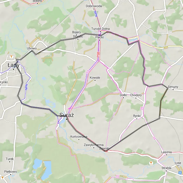 Map miniature of "Bucolic Podlaskie Villages" cycling inspiration in Podlaskie, Poland. Generated by Tarmacs.app cycling route planner