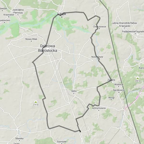 Map miniature of "LipskBobra Wielka" cycling inspiration in Podlaskie, Poland. Generated by Tarmacs.app cycling route planner