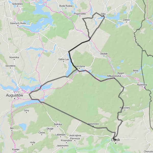 Map miniature of "Adventure Through Pristine Wilderness" cycling inspiration in Podlaskie, Poland. Generated by Tarmacs.app cycling route planner