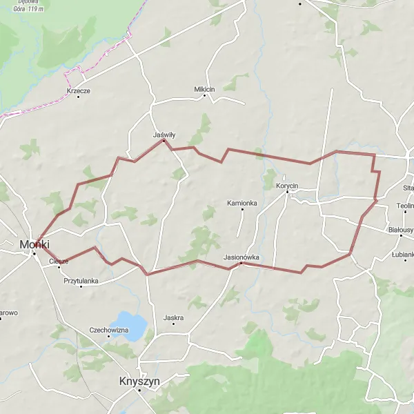 Map miniature of "The Forest Escape" cycling inspiration in Podlaskie, Poland. Generated by Tarmacs.app cycling route planner