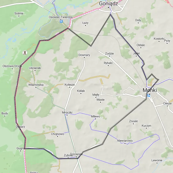 Miniatura mapy "Trasa wokół Mońek" - trasy rowerowej w Podlaskie, Poland. Wygenerowane przez planer tras rowerowych Tarmacs.app