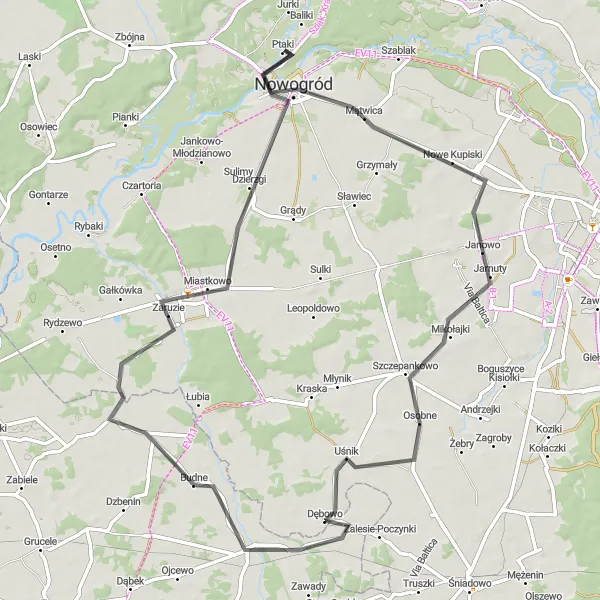 Map miniature of "Nowogród Countryside Loop" cycling inspiration in Podlaskie, Poland. Generated by Tarmacs.app cycling route planner