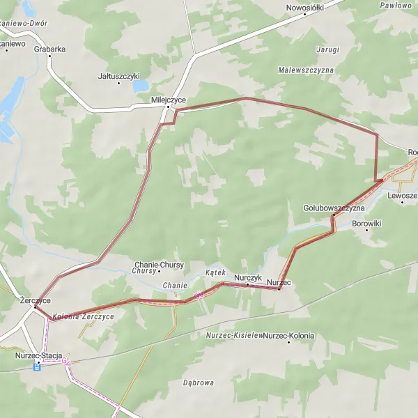 Map miniature of "Nurzec-Stacja Gravel Adventure" cycling inspiration in Podlaskie, Poland. Generated by Tarmacs.app cycling route planner