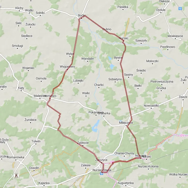 Map miniature of "Gripping Gravel Adventure in Żerczyce" cycling inspiration in Podlaskie, Poland. Generated by Tarmacs.app cycling route planner