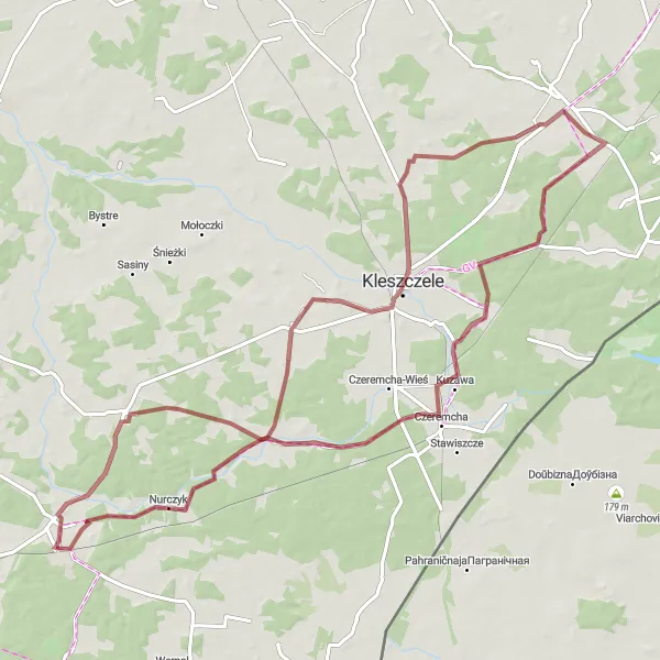 Map miniature of "Thrilling Gravel Journey to Nurzec-Stacja" cycling inspiration in Podlaskie, Poland. Generated by Tarmacs.app cycling route planner