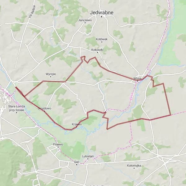 Map miniature of "Gravel Adventure to Wizna" cycling inspiration in Podlaskie, Poland. Generated by Tarmacs.app cycling route planner