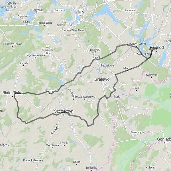 Map miniature of "Challenging Road Ride to Kędziorowo and Biała Piska" cycling inspiration in Podlaskie, Poland. Generated by Tarmacs.app cycling route planner