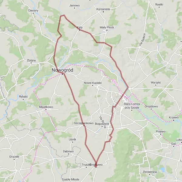Miniatura mapy "Trasa przez Nowogród i Łomżę" - trasy rowerowej w Podlaskie, Poland. Wygenerowane przez planer tras rowerowych Tarmacs.app