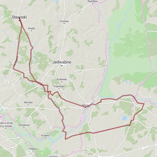 Map miniature of "Stawiski to Nowe Chlebiotki Gravel Adventure" cycling inspiration in Podlaskie, Poland. Generated by Tarmacs.app cycling route planner