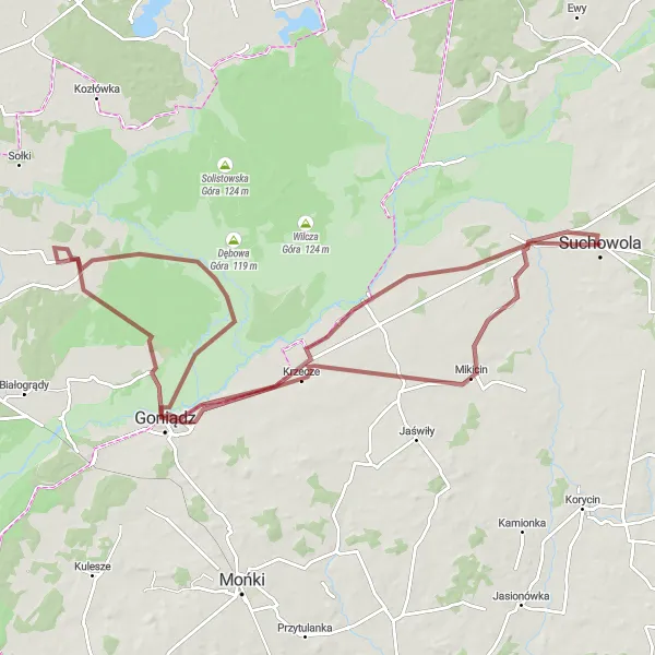 Map miniature of "Lakeside Gravel Adventure" cycling inspiration in Podlaskie, Poland. Generated by Tarmacs.app cycling route planner