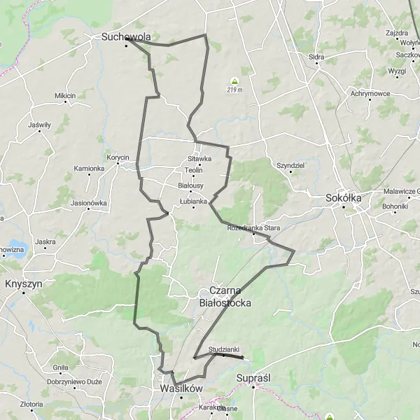 Map miniature of "Białystok Countryside Exploration" cycling inspiration in Podlaskie, Poland. Generated by Tarmacs.app cycling route planner