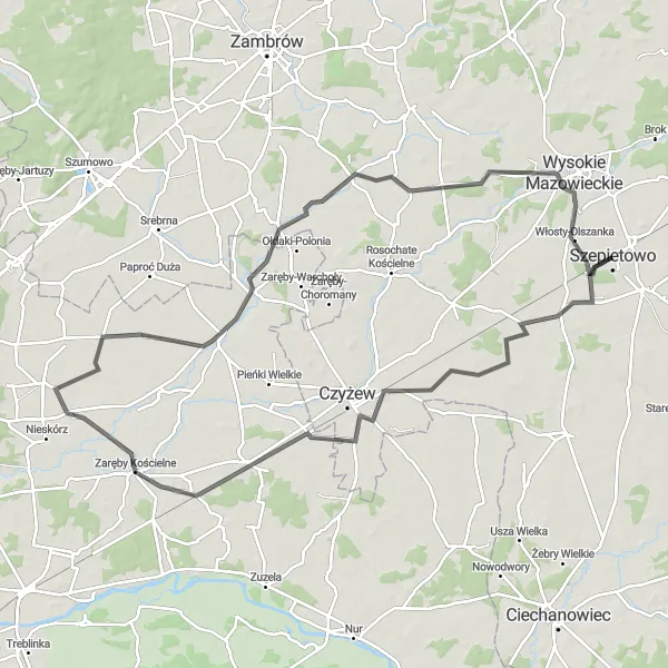 Miniatura mapy "Trasa przez Czyżew-Siedliska" - trasy rowerowej w Podlaskie, Poland. Wygenerowane przez planer tras rowerowych Tarmacs.app