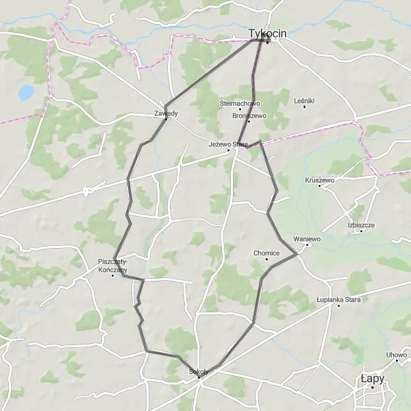 Map miniature of "The Sokoły Circuit" cycling inspiration in Podlaskie, Poland. Generated by Tarmacs.app cycling route planner
