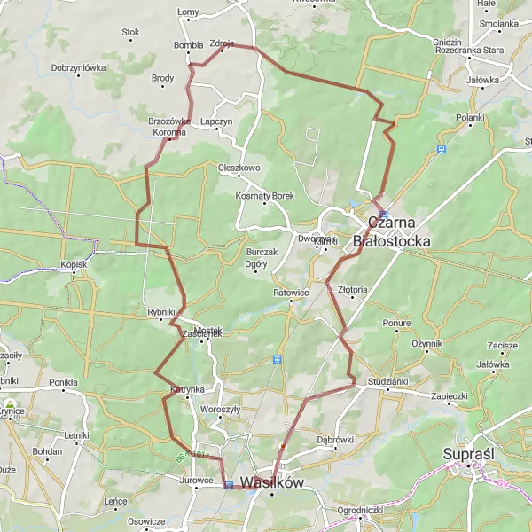 Map miniature of "Gravel Adventure to Czarna Białostocka and Święta Woda" cycling inspiration in Podlaskie, Poland. Generated by Tarmacs.app cycling route planner