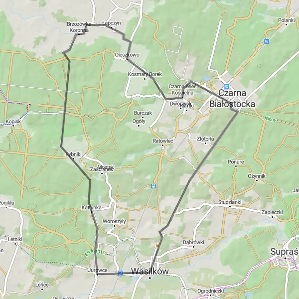 Map miniature of "Scenic Road Route to Brzozówka Ziemiańska and Święta Woda" cycling inspiration in Podlaskie, Poland. Generated by Tarmacs.app cycling route planner