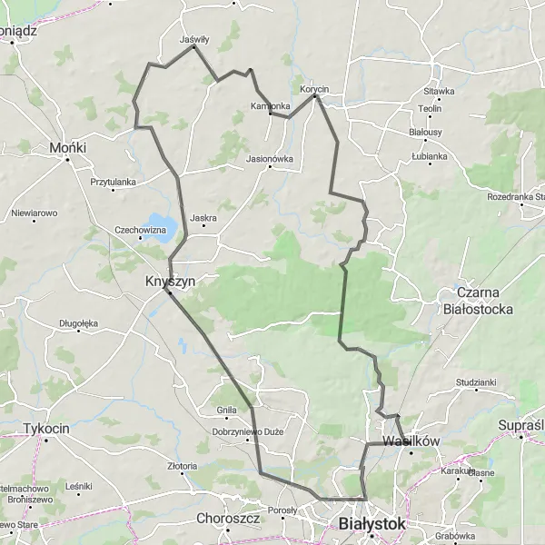 Map miniature of "Ultimate Road Adventure: Fasty to Wasilków" cycling inspiration in Podlaskie, Poland. Generated by Tarmacs.app cycling route planner