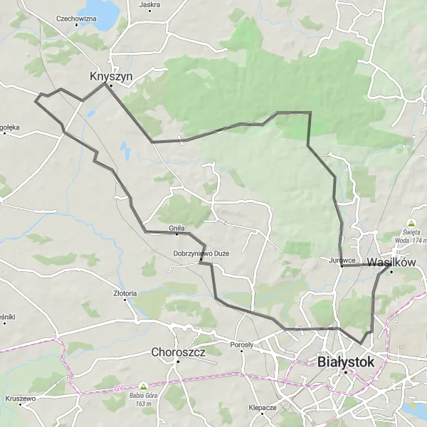 Miniatura mapy "Trasa z Wasilkowa przez Fasty i Knyszyn na 75 km" - trasy rowerowej w Podlaskie, Poland. Wygenerowane przez planer tras rowerowych Tarmacs.app