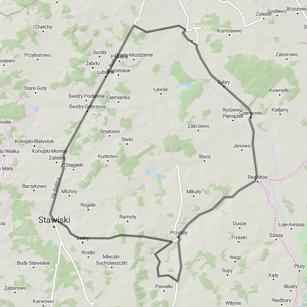 Miniatura mapy "Trasa z Żeber do Stawisk" - trasy rowerowej w Podlaskie, Poland. Wygenerowane przez planer tras rowerowych Tarmacs.app