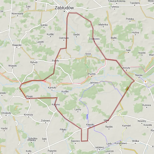 Miniatura mapy "Szlak gravelowy przez Trześciankę i Ostrówki" - trasy rowerowej w Podlaskie, Poland. Wygenerowane przez planer tras rowerowych Tarmacs.app