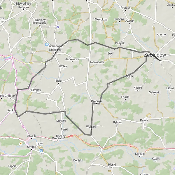 Miniatura mapy "Trasa rowerowa do Juchnowca Kościelnego" - trasy rowerowej w Podlaskie, Poland. Wygenerowane przez planer tras rowerowych Tarmacs.app