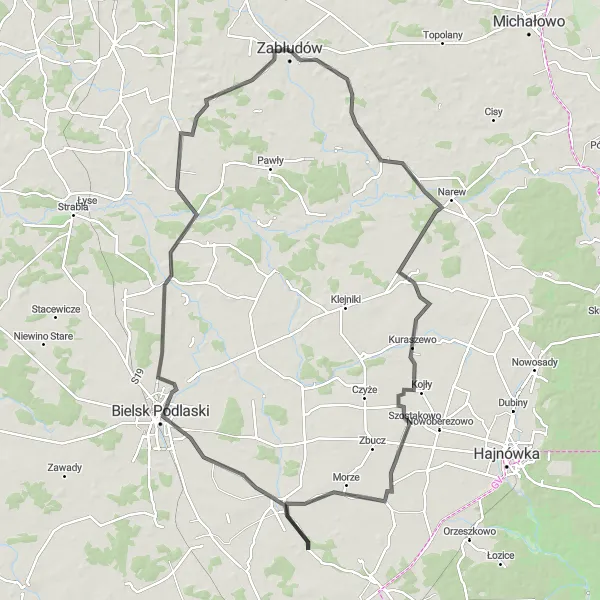 Map miniature of "Zabłudów - Bielsk Podlaski Loop" cycling inspiration in Podlaskie, Poland. Generated by Tarmacs.app cycling route planner