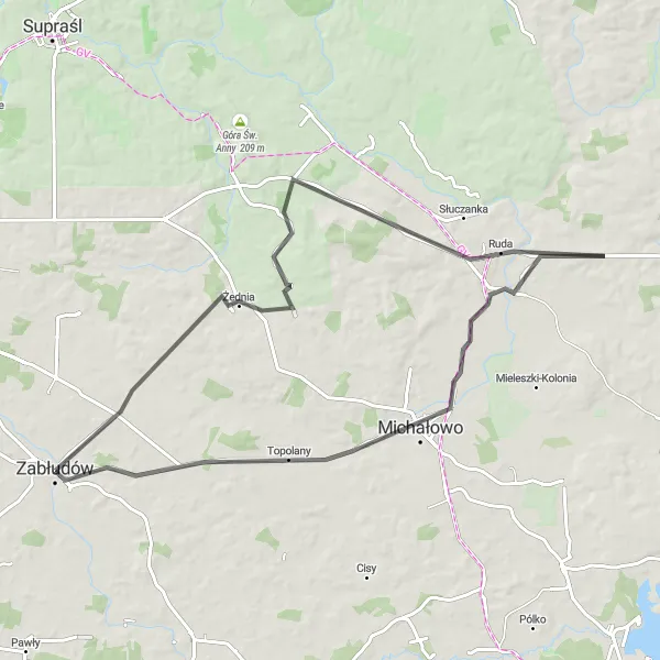 Map miniature of "Around Żednia" cycling inspiration in Podlaskie, Poland. Generated by Tarmacs.app cycling route planner