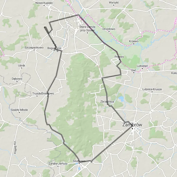 Miniatura mapy "Szlak do Żabikowa Rządowego i Łomży" - trasy rowerowej w Podlaskie, Poland. Wygenerowane przez planer tras rowerowych Tarmacs.app