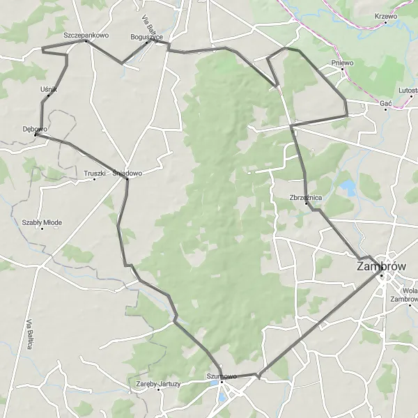 Miniatura mapy "Przejażdżka do Żabikowa Rządowego i Śniadowa" - trasy rowerowej w Podlaskie, Poland. Wygenerowane przez planer tras rowerowych Tarmacs.app