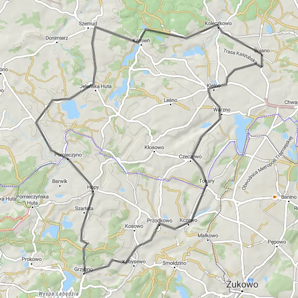 Map miniature of "Kielno Loop" cycling inspiration in Pomorskie, Poland. Generated by Tarmacs.app cycling route planner