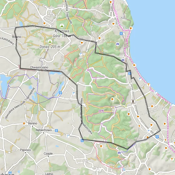 Map miniature of "Road Cycling Adventure near Bojano" cycling inspiration in Pomorskie, Poland. Generated by Tarmacs.app cycling route planner