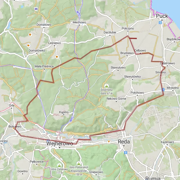 Map miniature of "Połczyno Adventure Gravel Tour" cycling inspiration in Pomorskie, Poland. Generated by Tarmacs.app cycling route planner