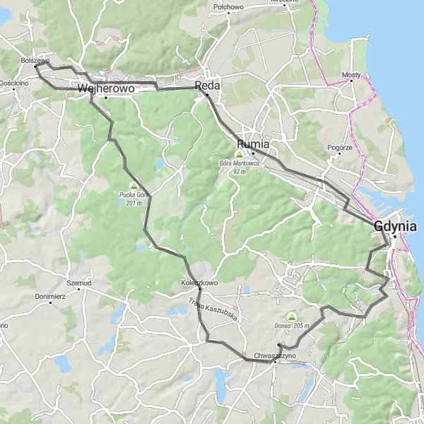 Miniatura mapy "Trasa Górska do Gdyni" - trasy rowerowej w Pomorskie, Poland. Wygenerowane przez planer tras rowerowych Tarmacs.app