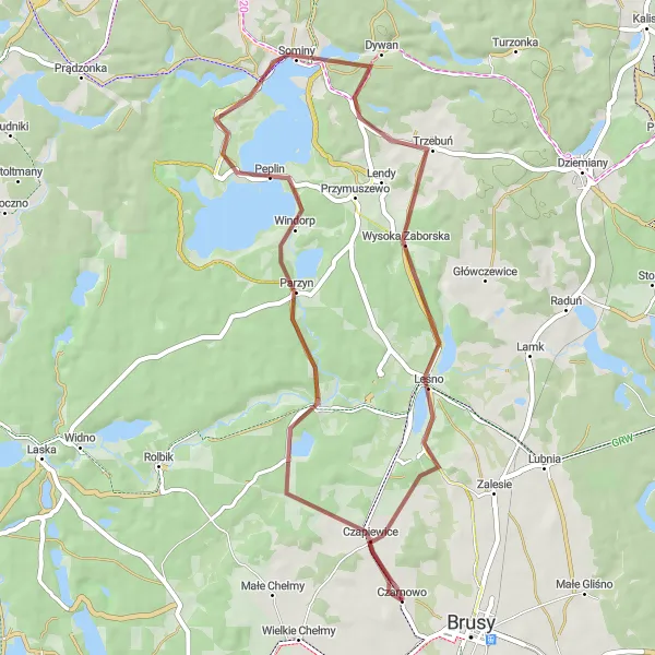 Miniatura mapy "Trasa przez Czapiewice i Jezioro Kruszyńskie" - trasy rowerowej w Pomorskie, Poland. Wygenerowane przez planer tras rowerowych Tarmacs.app