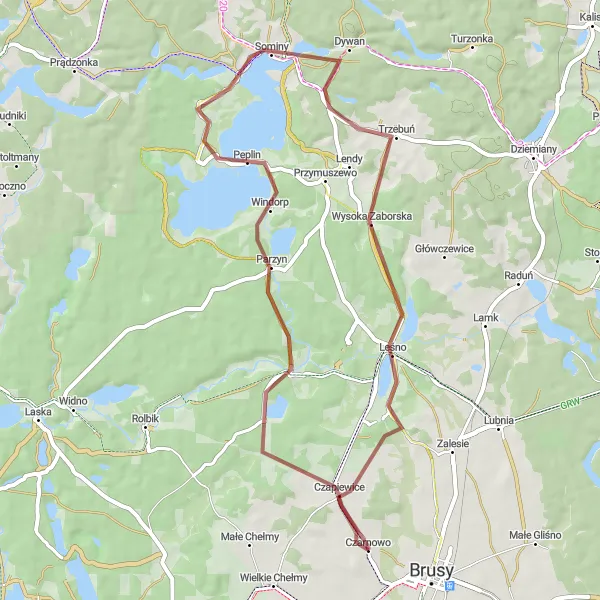 Map miniature of "Peplin Loop" cycling inspiration in Pomorskie, Poland. Generated by Tarmacs.app cycling route planner