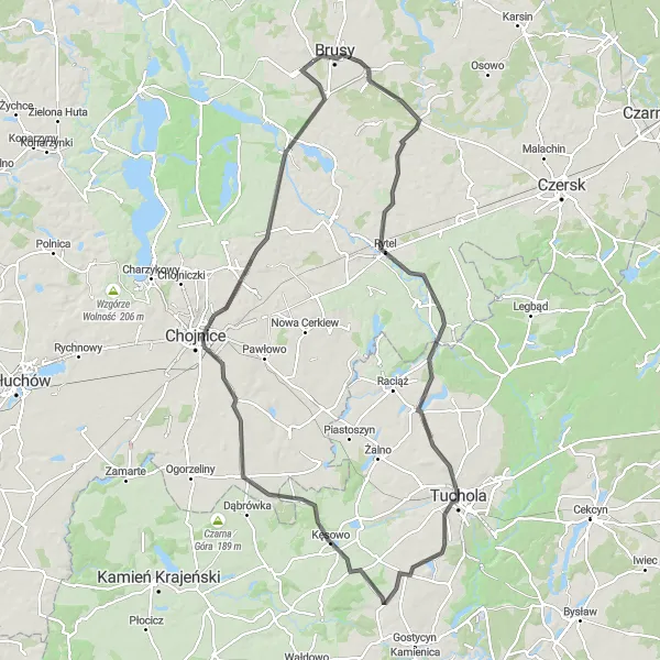 Map miniature of "Tuchola Adventure" cycling inspiration in Pomorskie, Poland. Generated by Tarmacs.app cycling route planner