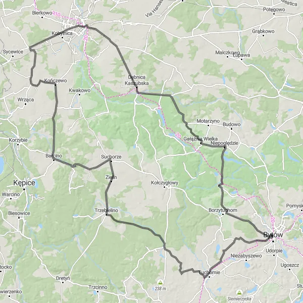 Map miniature of "Epic Road Adventure from Bytów" cycling inspiration in Pomorskie, Poland. Generated by Tarmacs.app cycling route planner