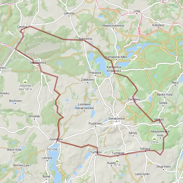 Map miniature of "Gowidlino Gravel Ride" cycling inspiration in Pomorskie, Poland. Generated by Tarmacs.app cycling route planner