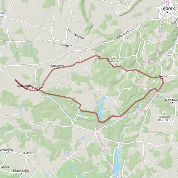 Map miniature of "Unieszyno Gravel Loop" cycling inspiration in Pomorskie, Poland. Generated by Tarmacs.app cycling route planner